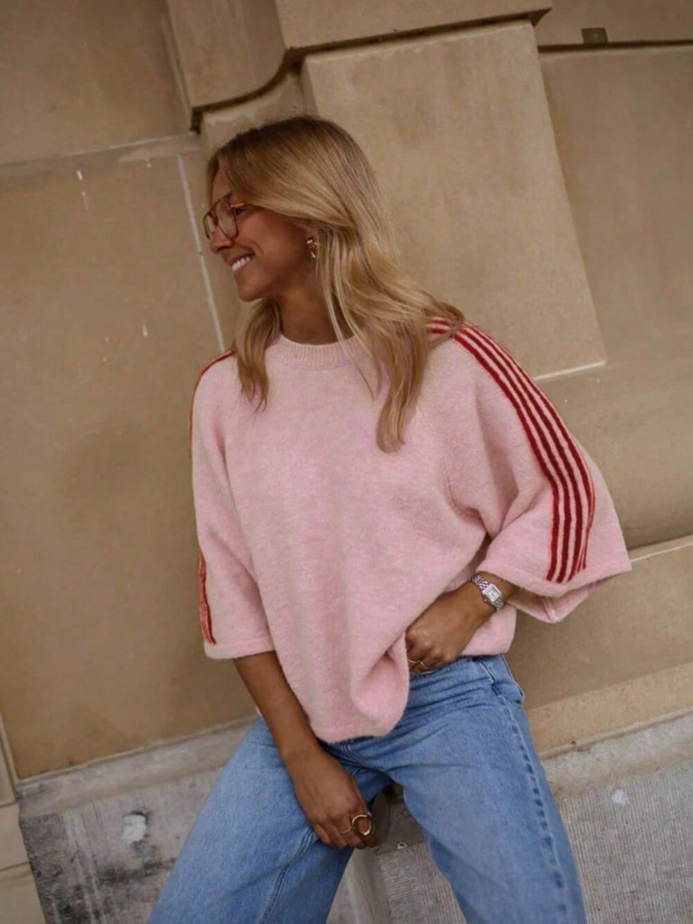 Pink Casual Women's 3/4 Sleeve Striped Round Neck Loose Fuzzy Sporty Sweater - Picture 5 of 10